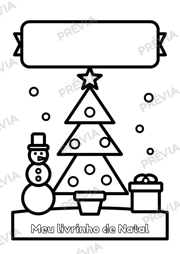 Capa do livrinho de colorir: faixa com o nome do aluno, árvore de Natal, boneco de neve e presente