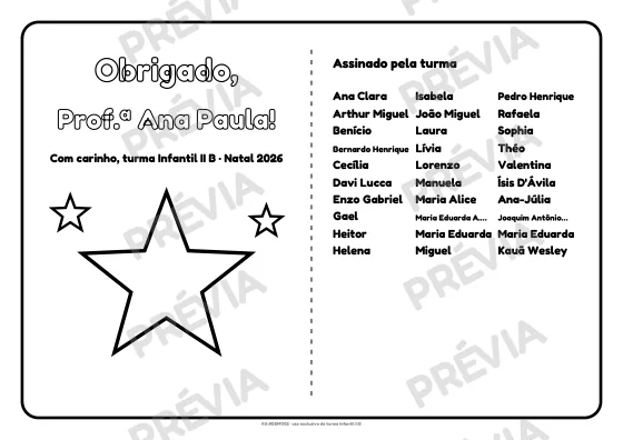 Cartão de agradecimento à professora com a lista de nomes da turma