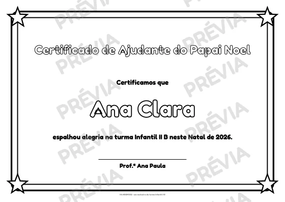Certificado de Ajudante do Papai Noel com o nome do aluno em letras para colorir