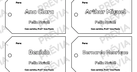Folha com tags de presente, cada uma com o nome de um aluno